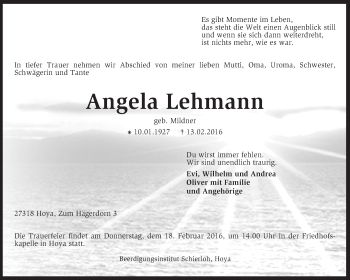Todesanzeige von Angela Lehmann von KRZ