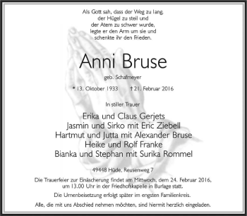 Todesanzeige von Anni Bruse von KRZ