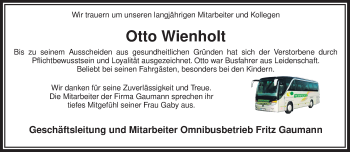 Todesanzeige von Otto Wienholt von KRZ