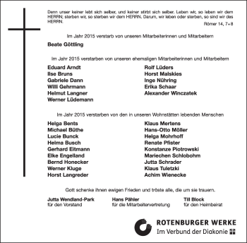 Todesanzeige von Gedenken an Verstorbene Rotenburger Werke von KRZ