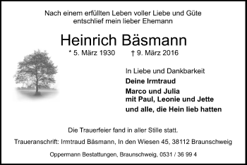 Todesanzeige von Heinrich Bäsmann von SYK