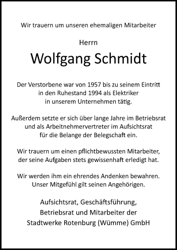 Todesanzeige von Wolfgang Schmidt von SYK