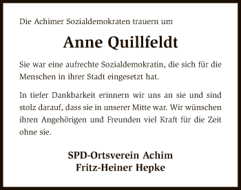 Todesanzeige von Anne Quillfeldt von SYK