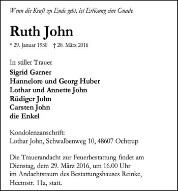 Todesanzeige von Ruth John von SYK