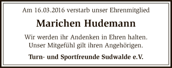 Todesanzeige von Marichen Hudemann von SYK