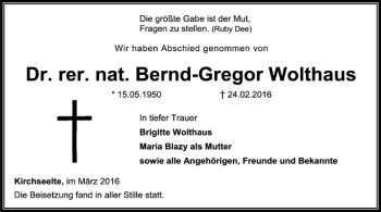 Todesanzeige von Bernd-Gregor Wolthaus von SYK