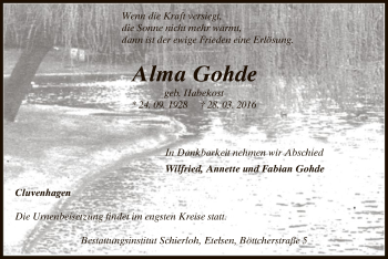 Todesanzeige von Alma Gohde von SYK