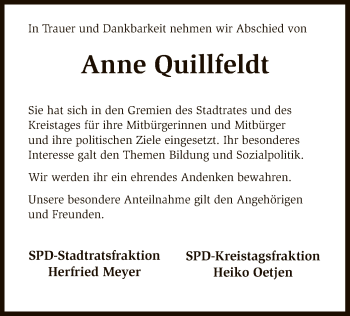 Todesanzeige von Anne Quillfeldt von SYK