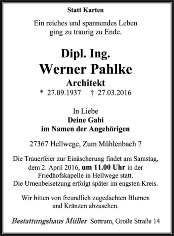 Todesanzeige von Werner Pahlke von SYK