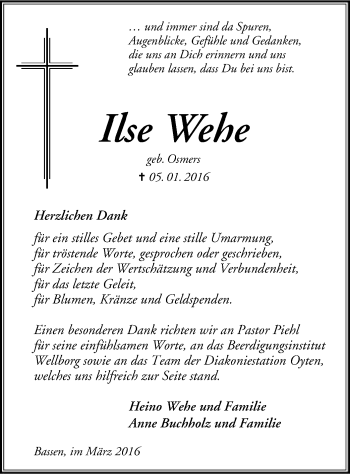 Todesanzeige von Ilse Wehe von SYK