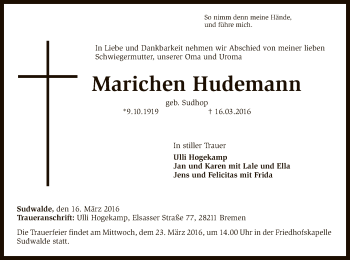 Todesanzeige von Marichen Hudemann von SYK