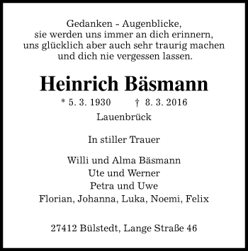 Todesanzeige von Heinrich Bäsmann von SYK