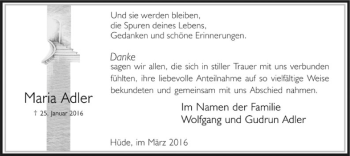 Todesanzeige von Maria Adler von SYK