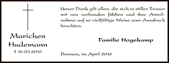 Todesanzeige von Marichen Hudemann von SYK