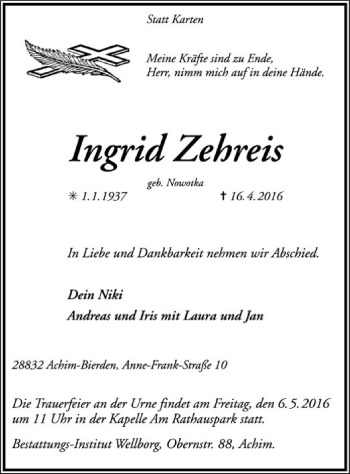 Todesanzeige von Ingrid Zehreis von SYK