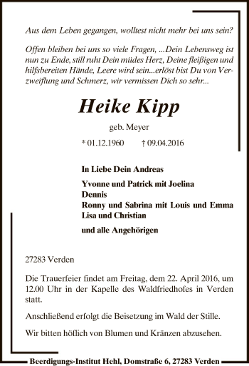 Todesanzeige von Heike Kipp von SYK