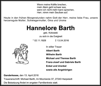 Todesanzeige von Hannelore Barth von SYK
