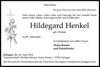 Todesanzeige von Hildegard Henkel von SYK