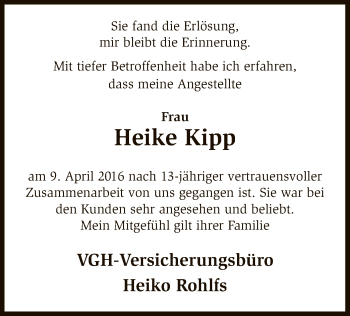 Todesanzeige von Heike Kipp von SYK