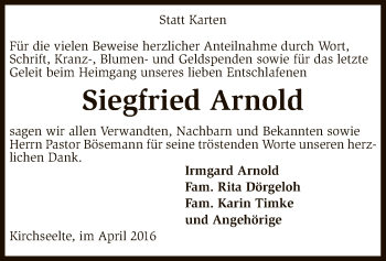 Todesanzeige von Siegfried Arnold von SYK