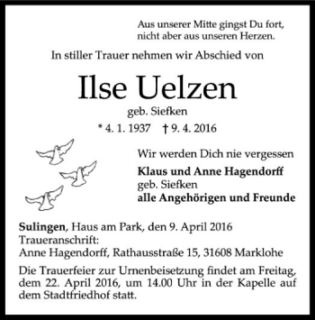 Todesanzeige von Ilse Uelzen von SYK