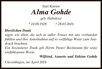 Todesanzeige von Alma Gohde von SYK