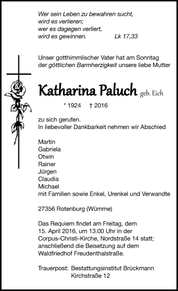 Todesanzeige von Katharina Paluch von SYK