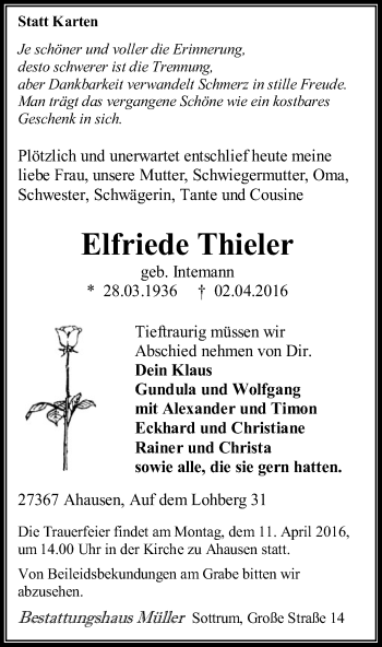 Todesanzeige von Elfriede Thieler von SYK