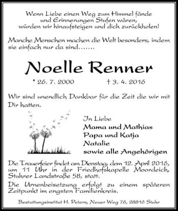Todesanzeige von Noelle Renner von SYK