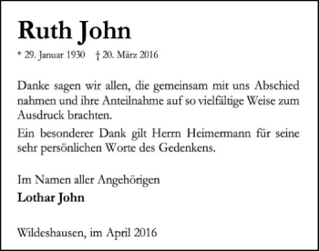 Todesanzeige von Ruth John von SYK