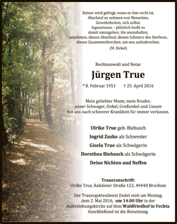 Todesanzeige von Jürgen True von SYK