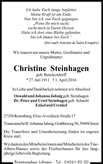 Todesanzeige von Christine Steinhagen von SYK
