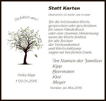 Todesanzeige von Heike Kipp von SYK