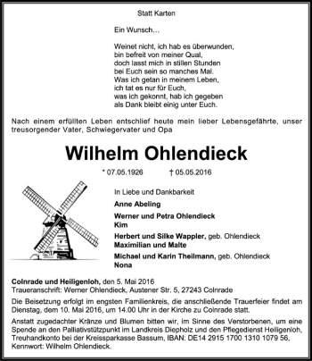 Todesanzeige von Wilhelm Ohlendieck von SYK