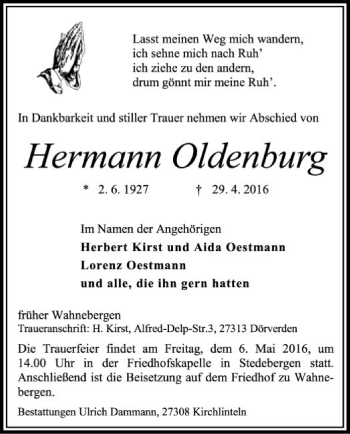 Todesanzeige von Hermann Oldenburg von SYK