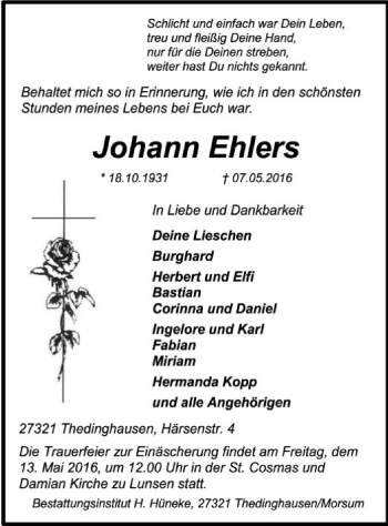 Todesanzeige von Johann Ehlers von SYK