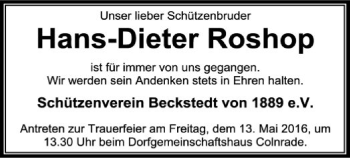 Todesanzeige von Hans-Dieter Roshop von SYK