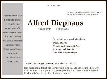 Todesanzeige von Alfred Diephaus von SYK