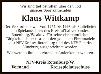 Todesanzeige von Klaus Wittkamp von SYK