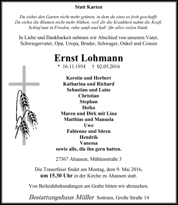 Todesanzeige von Ernst Lohmann von SYK