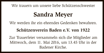 Todesanzeige von Sandra Meyer von SYK