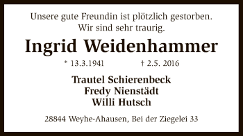 Todesanzeige von Ingrid Weidenhauer von SYK