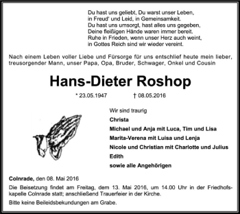Todesanzeige von Hans-Dieter Roshop von SYK