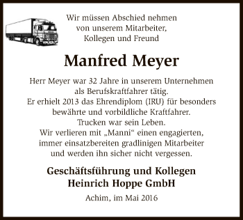 Todesanzeige von Manfred Meyer von SYK