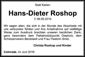 Todesanzeige von Hans-Dieter Roshop von SYK