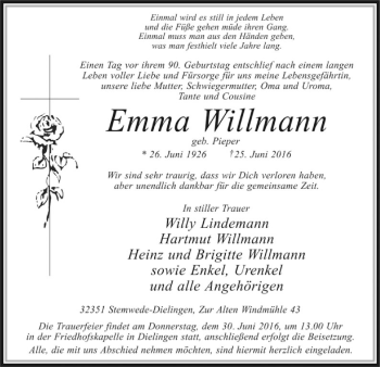 Todesanzeige von Emma Willmann von SYK