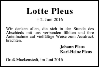 Todesanzeige von Lotte Pleus von SYK
