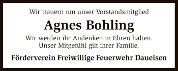 Todesanzeige von Agnes Bohling von SYK