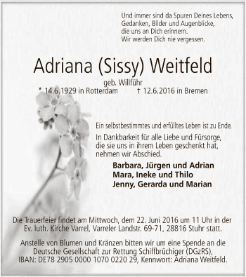 Todesanzeige von Adriana Weitfeld von SYK