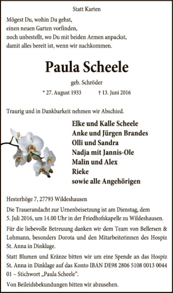 Todesanzeige von Paula Scheele von SYK